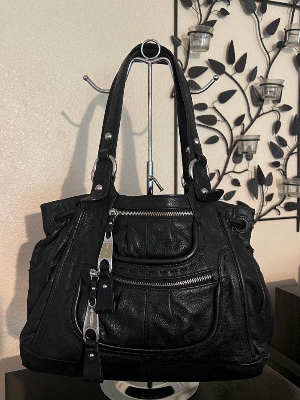 b. makowsky Black Leather Double-Handle Shoulder Bag with Front Zip Pockets